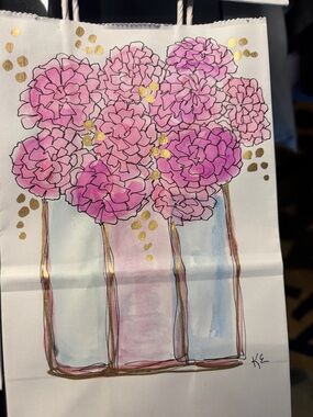 Gift Bag -Hand painted one of a kind Pink Floral with Gold Accents 8x5 inches